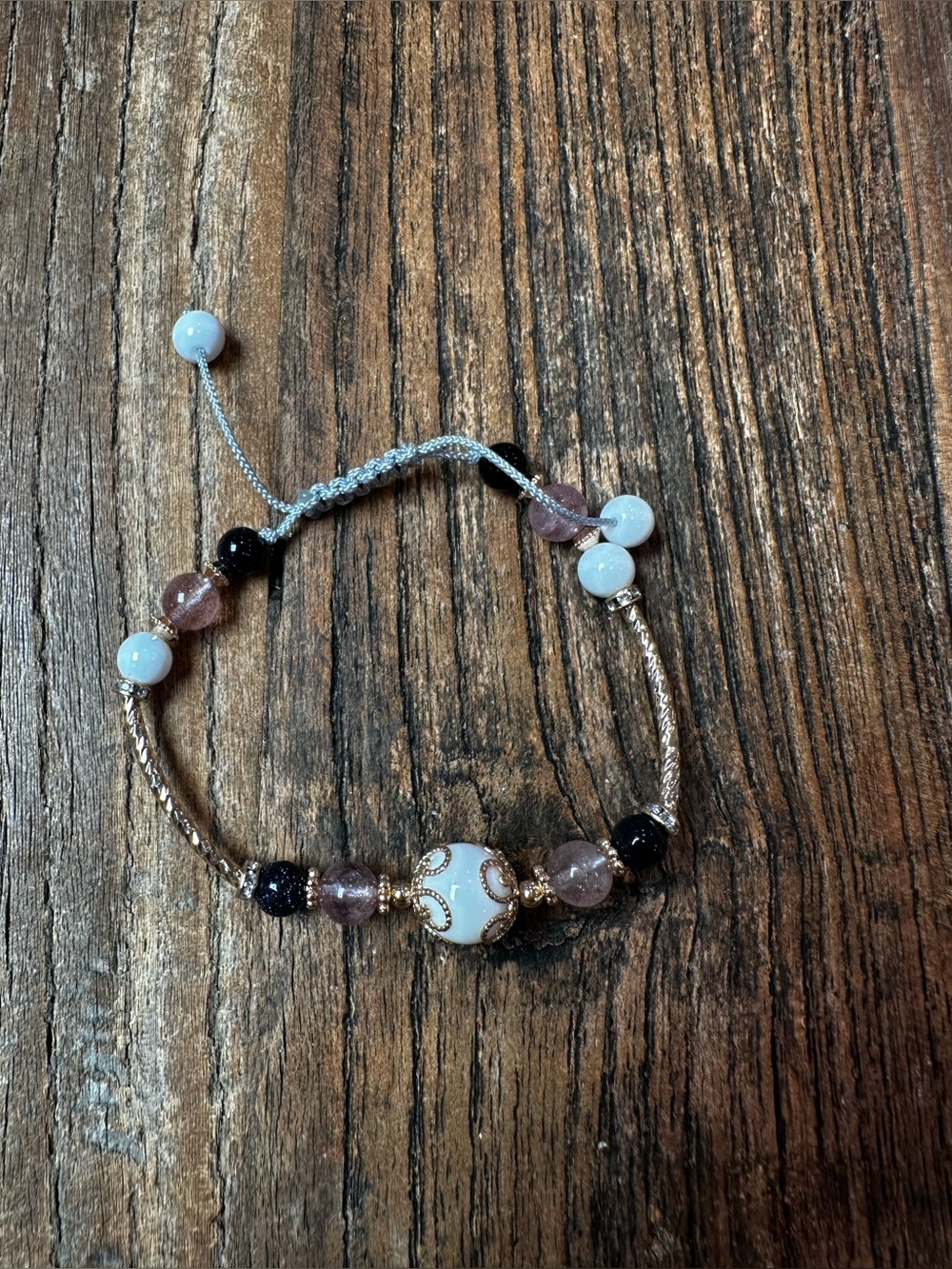 Beaded Adjustable Bracelet with White Center Bead